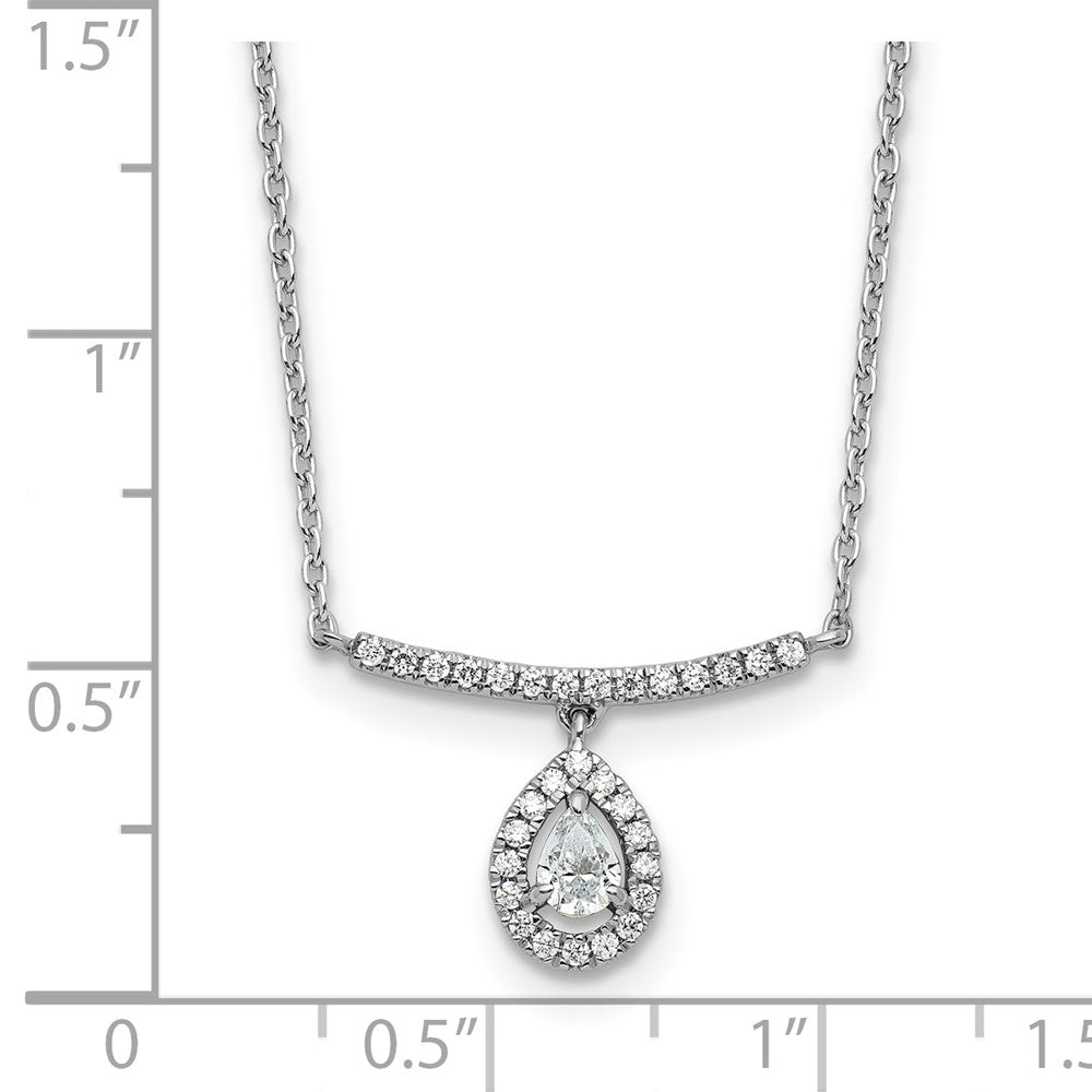 14K White Gold Polished Diamond Bar w/Dangle Pear Necklace
