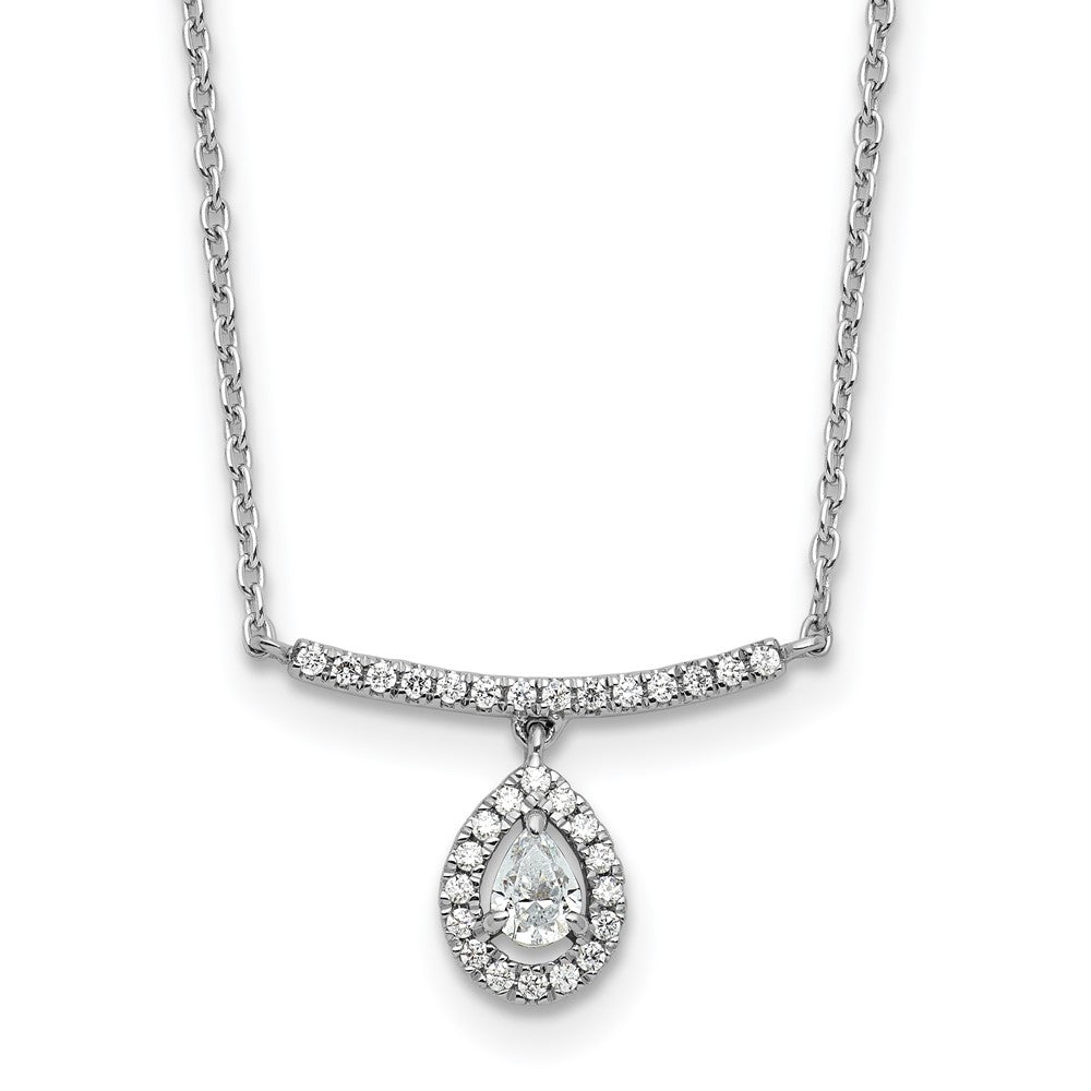 14K White Gold Polished Diamond Bar w/Dangle Pear Necklace
