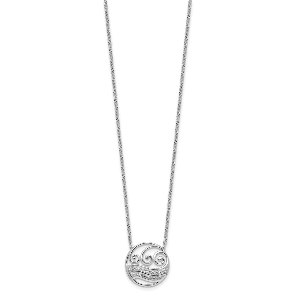 14K White Gold Polished Diamond Circle with Waves Necklace