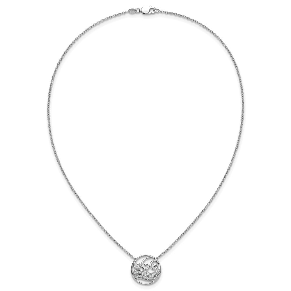 14K White Gold Polished Diamond Circle with Waves Necklace