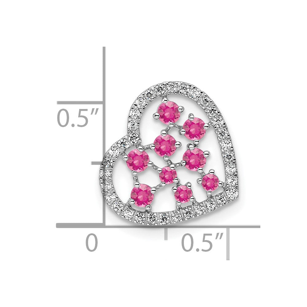 14K White Gold Polished Diamond and Pink Tourmaline Heart Chain Slide