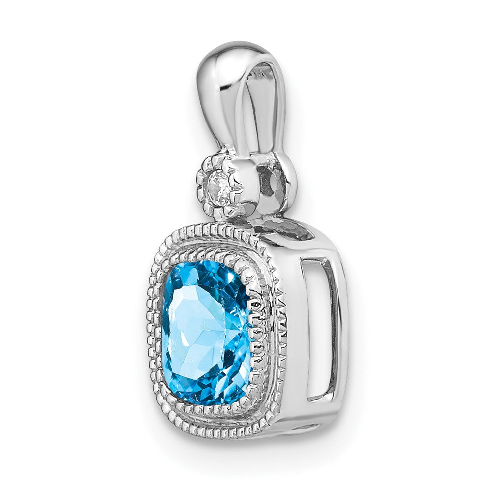 14k White Gold Cushion Blue Topaz and Diamond Pendant
