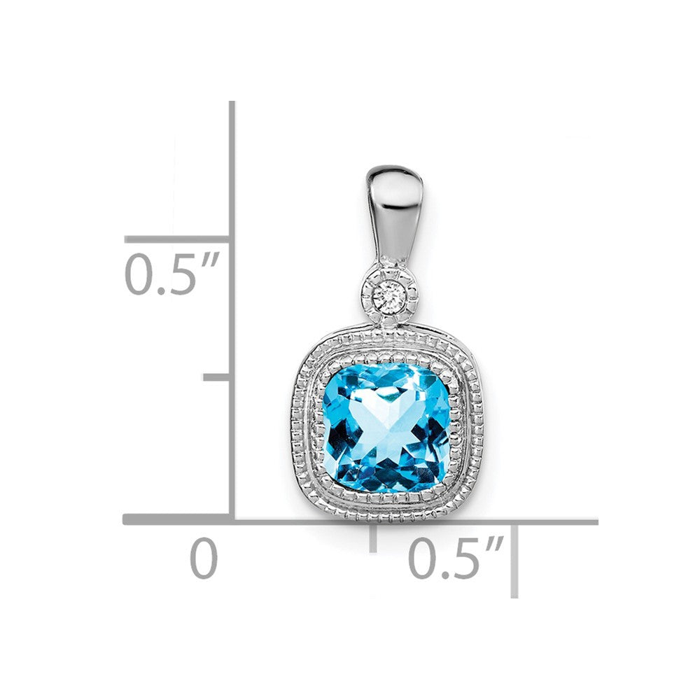 14k White Gold Cushion Blue Topaz and Diamond Pendant