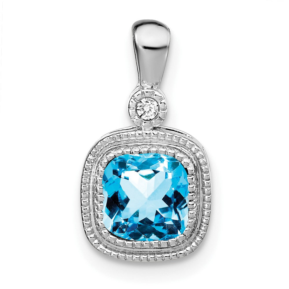 14k White Gold Cushion Blue Topaz and Diamond Pendant