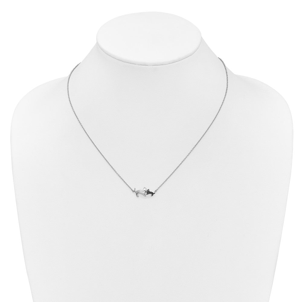 14k White Gold Black Diamond Mother and Baby Cat 18 inch Necklace
