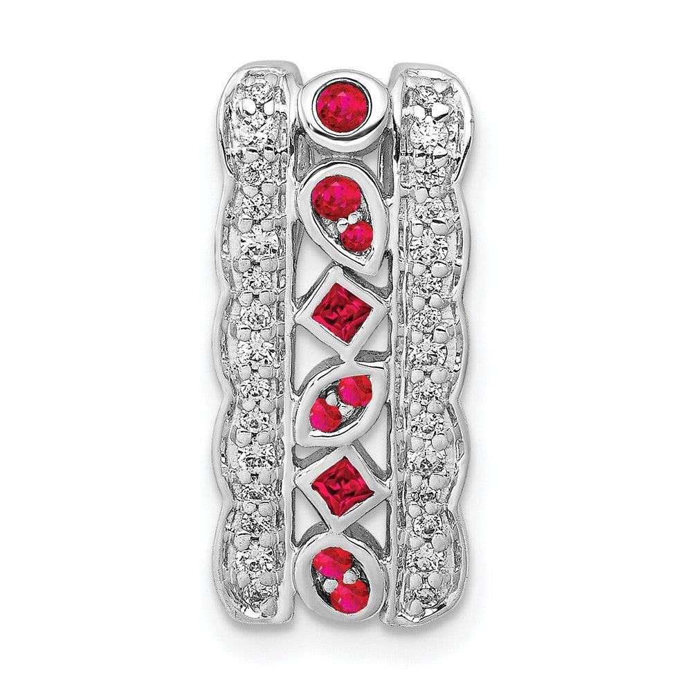14k White Gold Diamond and .17 Ruby Fancy Chain Slide