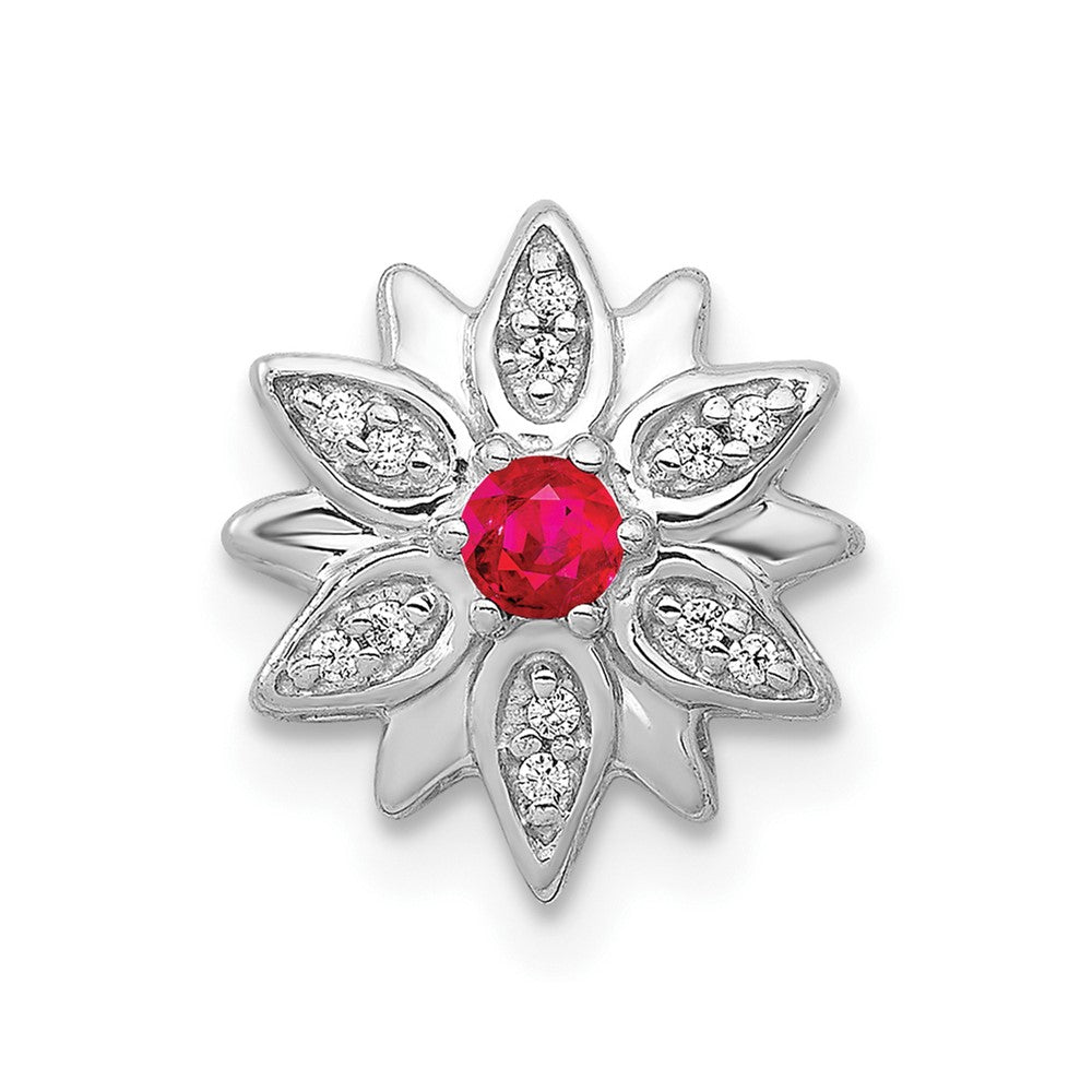 14k White Gold 1/20ct. Diamond and Ruby Flower Chain Slide