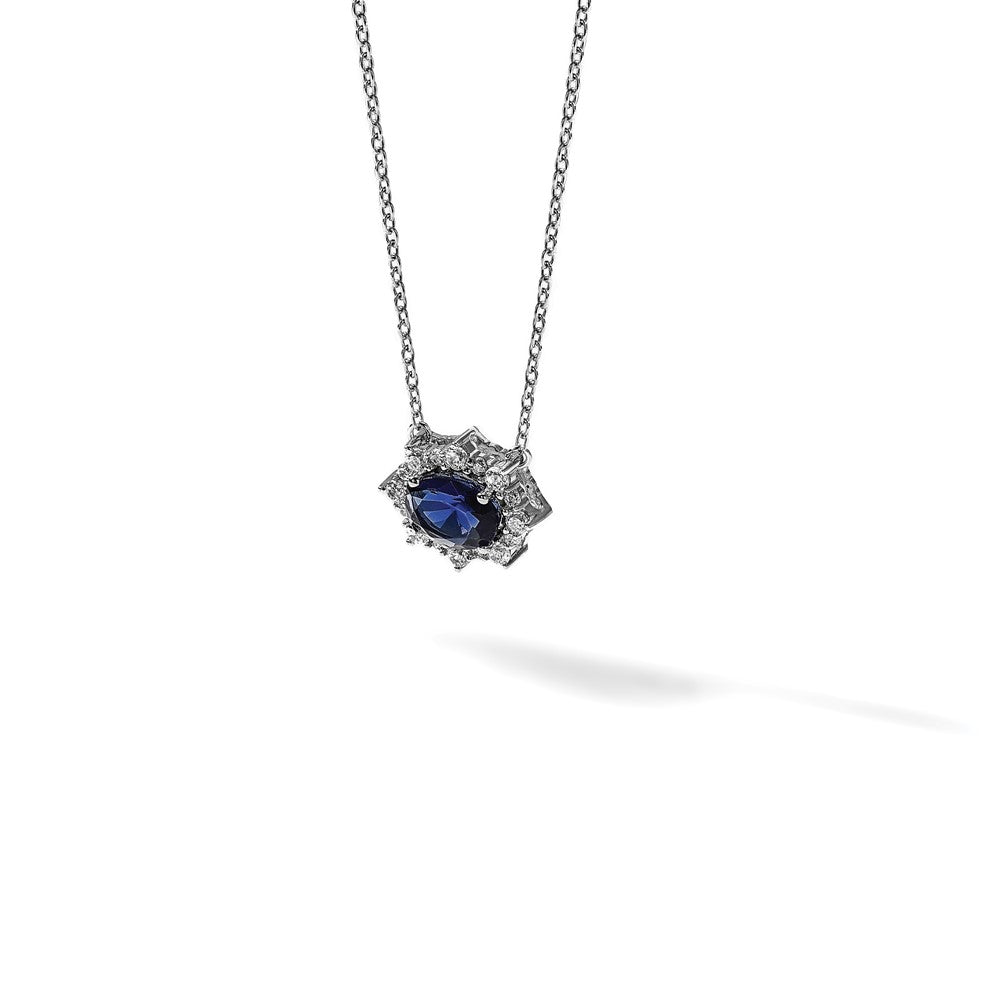 14k White Gold Diamond and Oval Sapphire Necklace