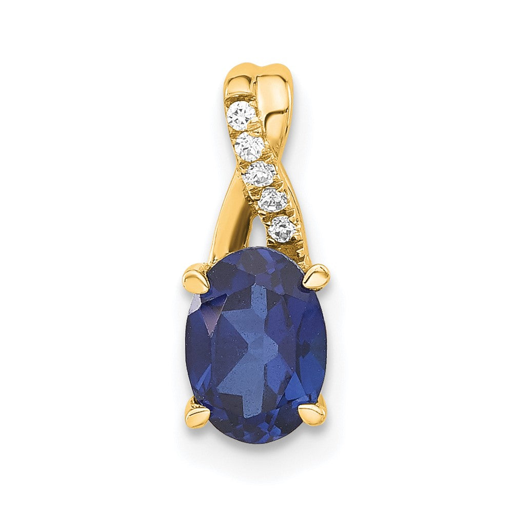 14K Oval Created Sapphire and Diamond Pendant