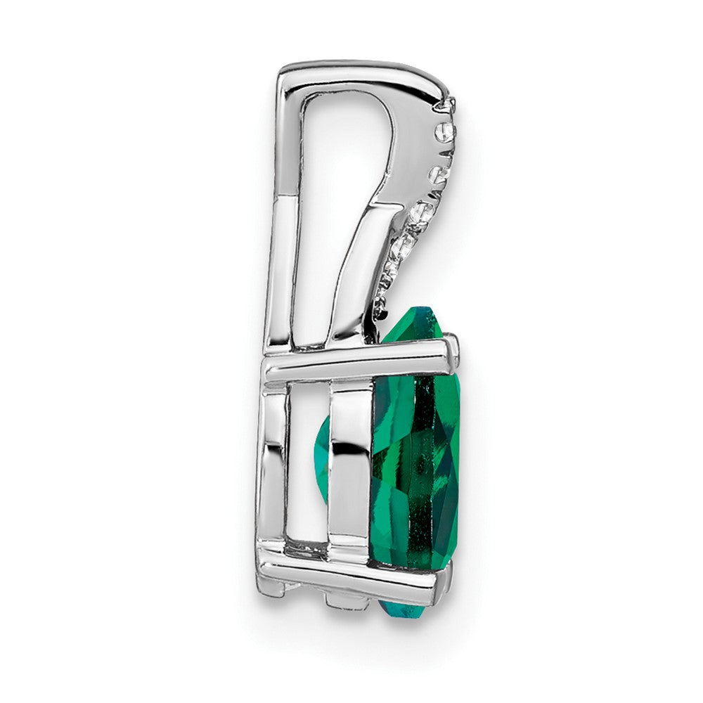 14k White Gold Oval Created Emerald and Diamond Pendant