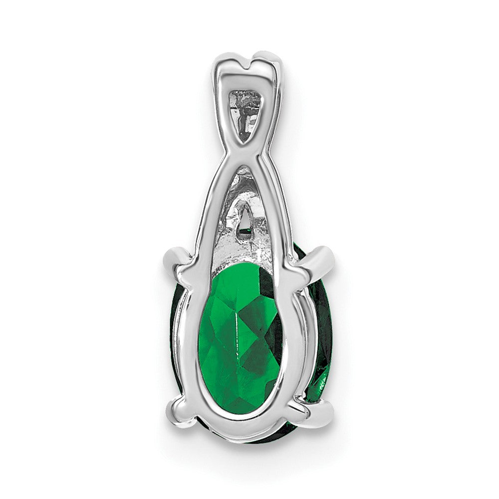 14k White Gold Oval Created Emerald and Diamond Pendant