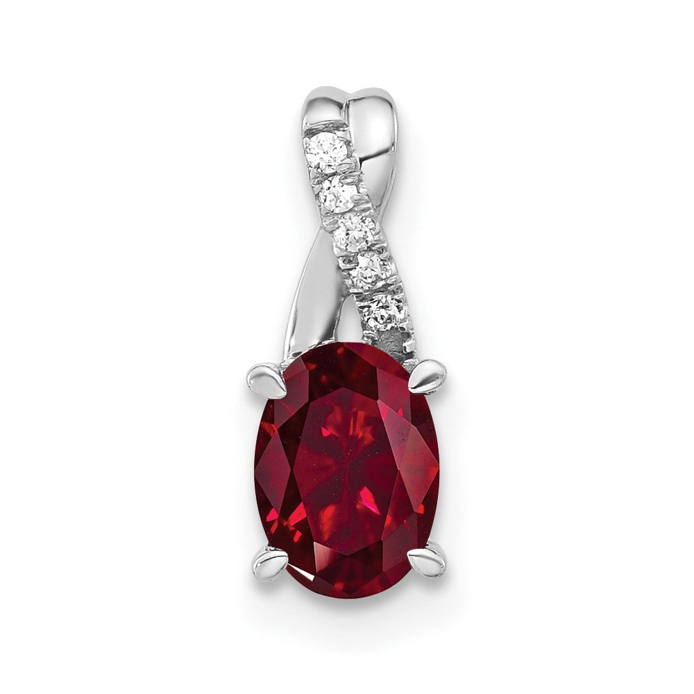 14k White Gold Oval Created Ruby and Diamond Pendant