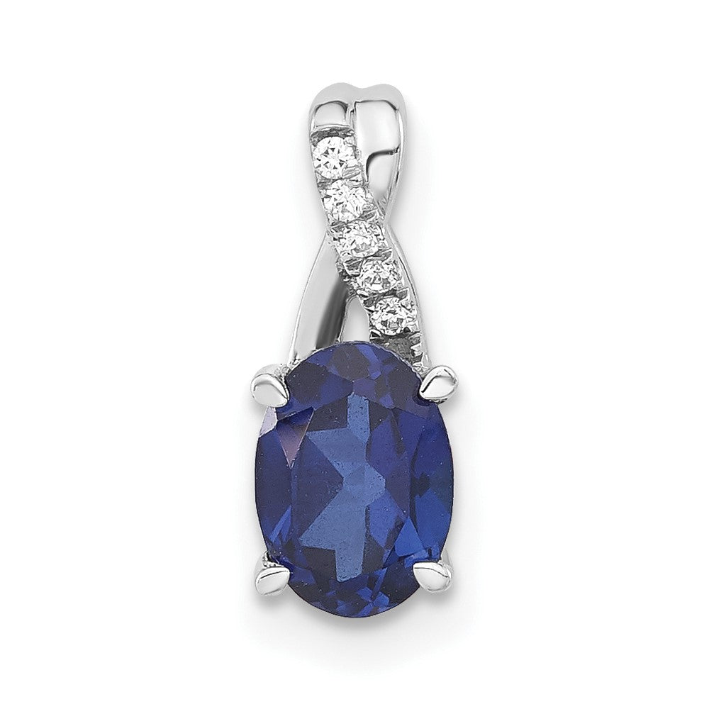 14k White Gold Oval Created Sapphire and Diamond Pendant