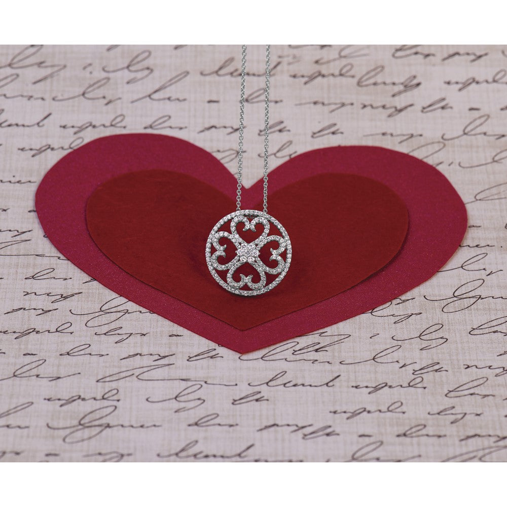 14k White Gold Diamond Vintage Hearts Pendant Necklace