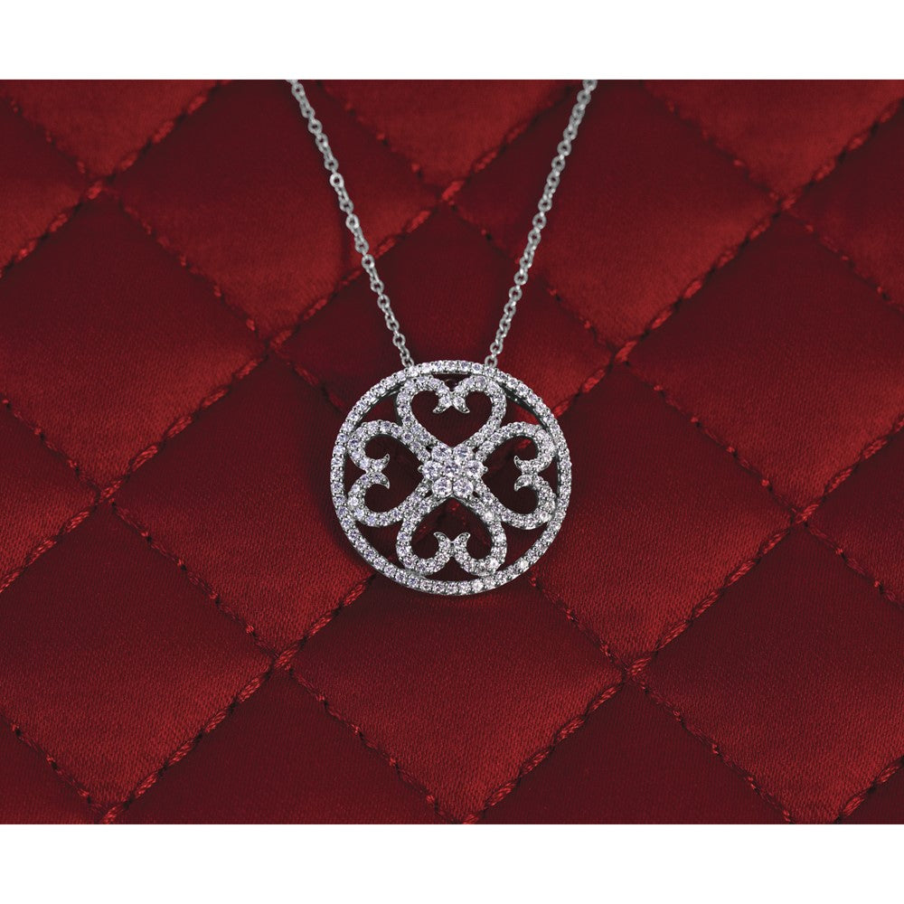 14k White Gold Diamond Vintage Hearts Pendant Necklace