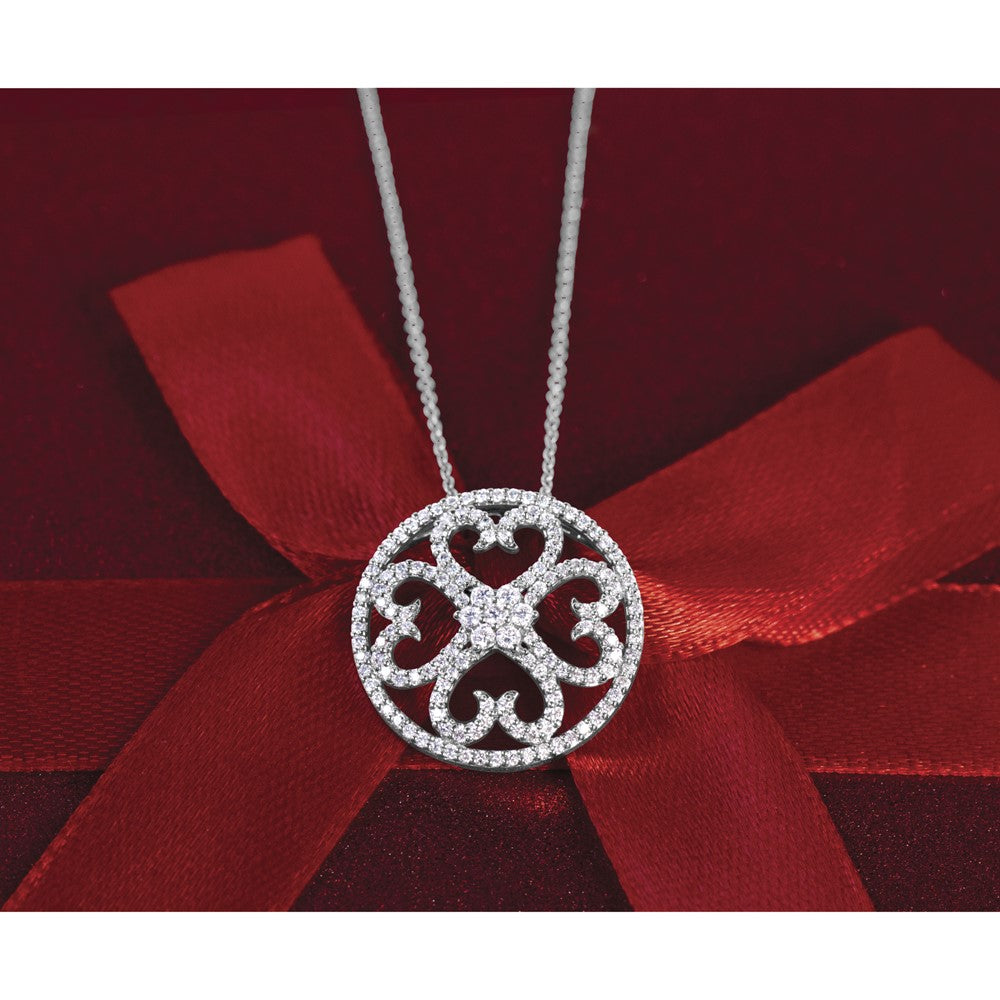 14k White Gold Diamond Vintage Hearts Pendant Necklace
