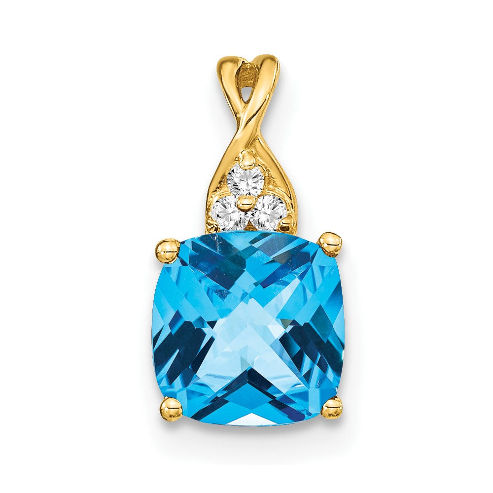 14k Checkerboard Blue Topaz and Diamond Pendant