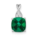 14K White Gold Checkerboard Created Emerald and Diamond Pendant