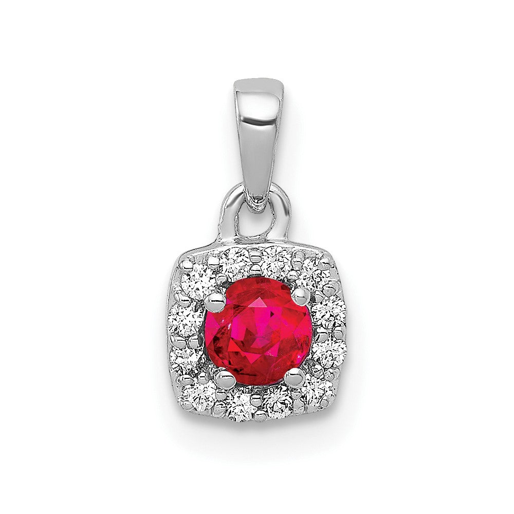 14k White Gold Diamond and .20 Ruby Square Halo Pendant