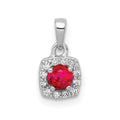14k White Gold Diamond and .20 Ruby Square Halo Pendant