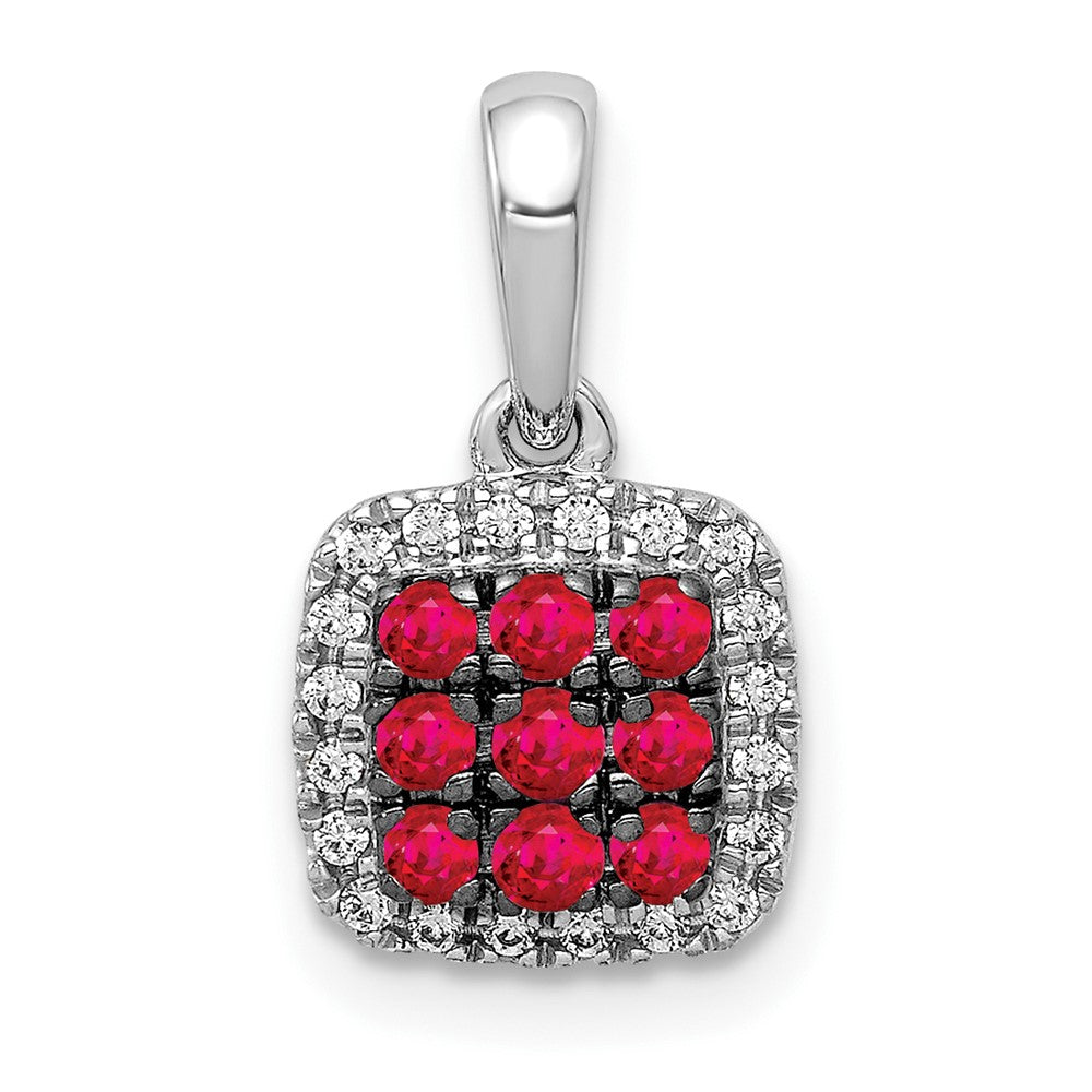 14k White Gold Diamond and .23 Ruby Square Halo Pendant