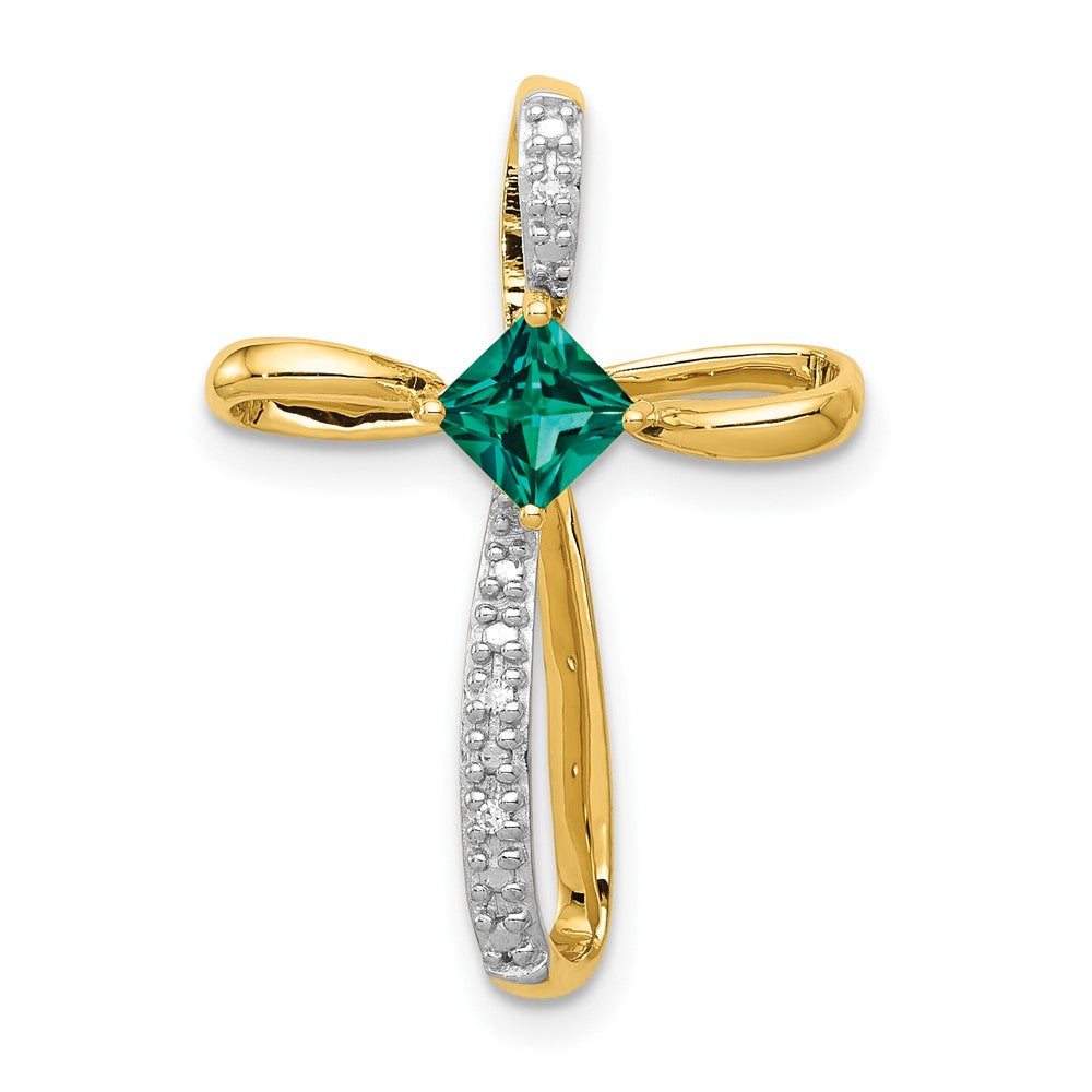 10k w/Rhodium Lab Created Emerald and Diamond Cross Pendant