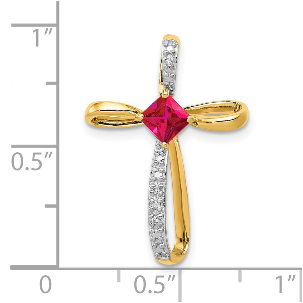 10k and Rhodium Lab Created Ruby and Diamond Cross Pendant