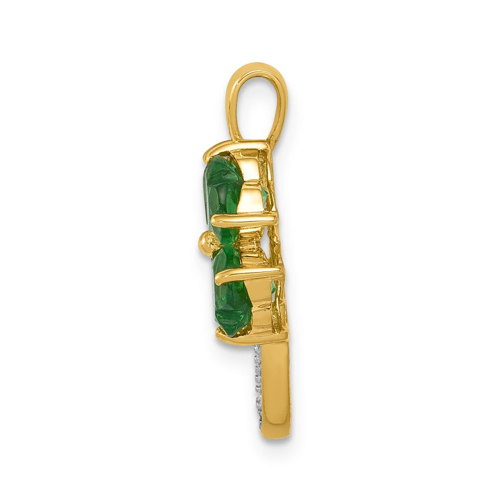 14k Created Emerald and Diamond Four Leaf Clover Pendant