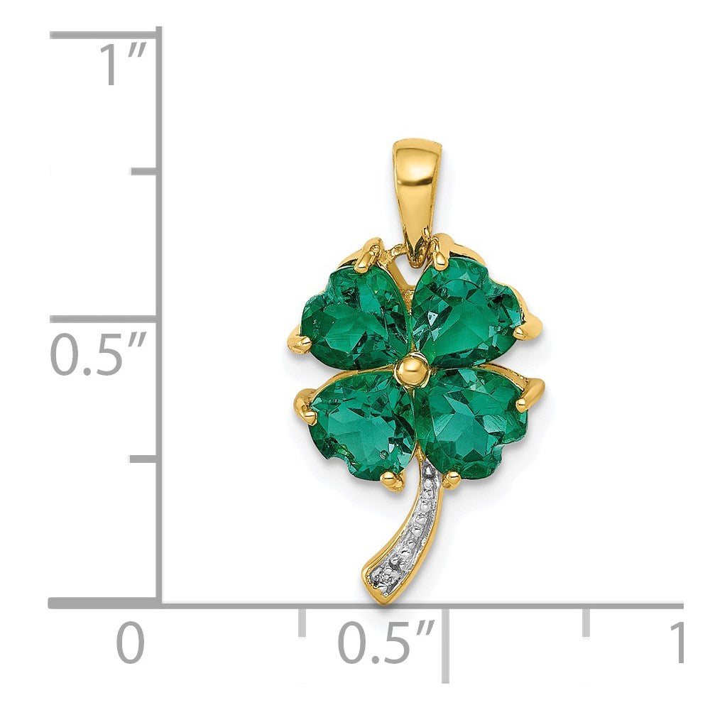 14k Created Emerald and Diamond Four Leaf Clover Pendant