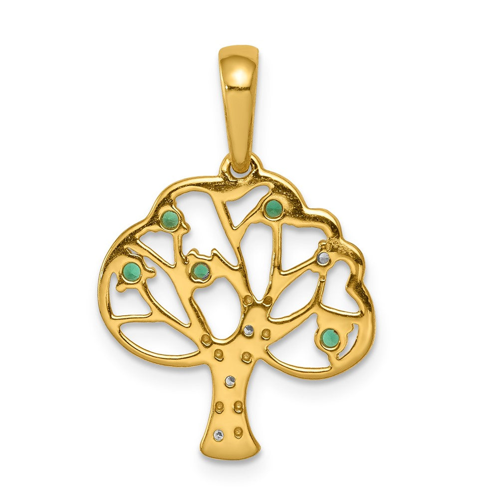 14k Created Emerald and Diamond Polished Tree Pendant