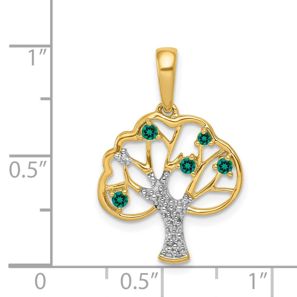 14k Created Emerald and Diamond Polished Tree Pendant