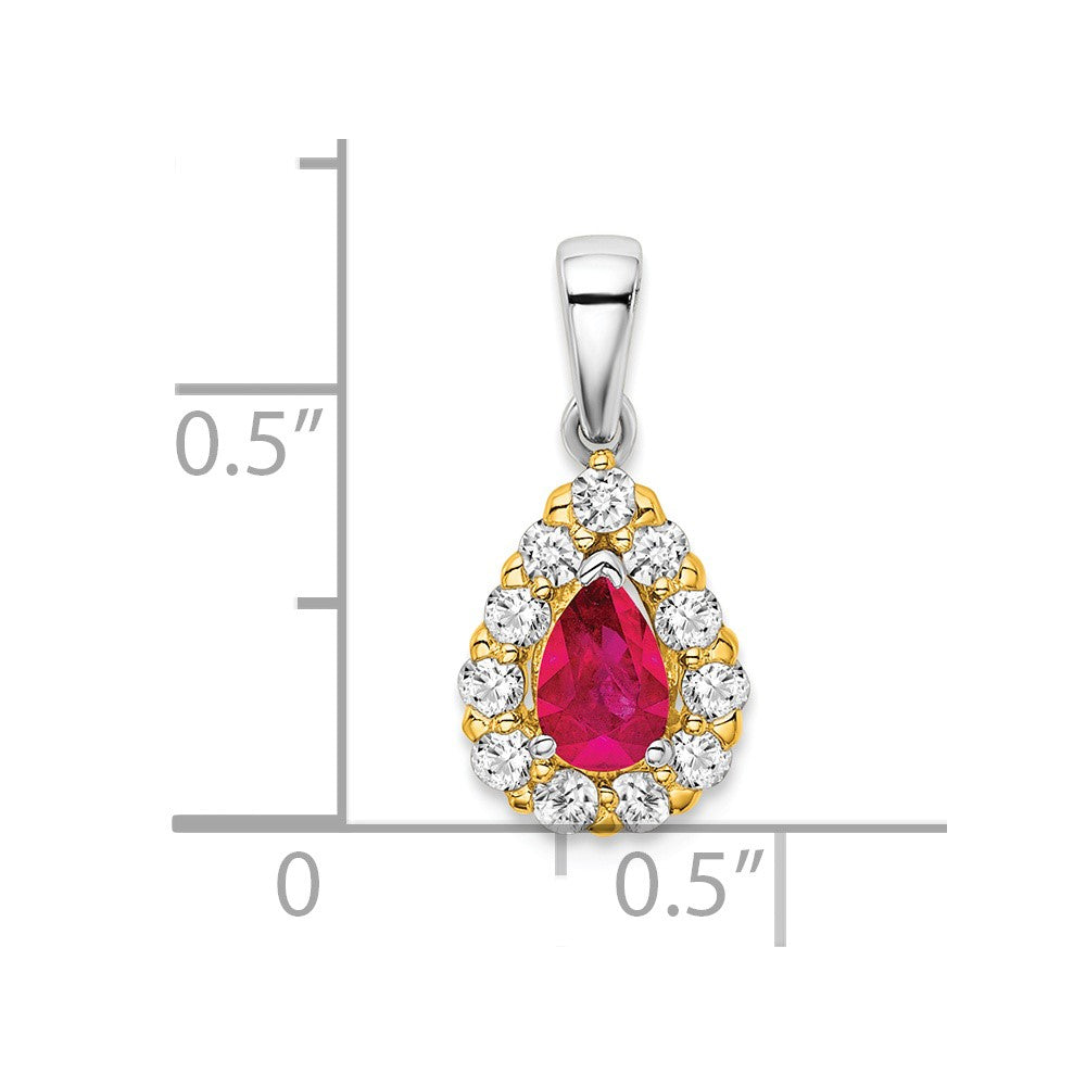 14k Two-tone Pear Ruby and Diamond Halo Pendant