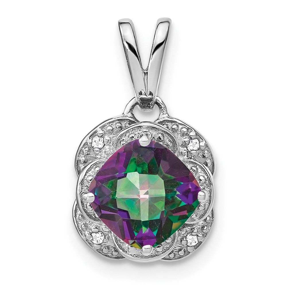 14k White Gold Cushion Mystic Fire Topaz and Diamond Pendant