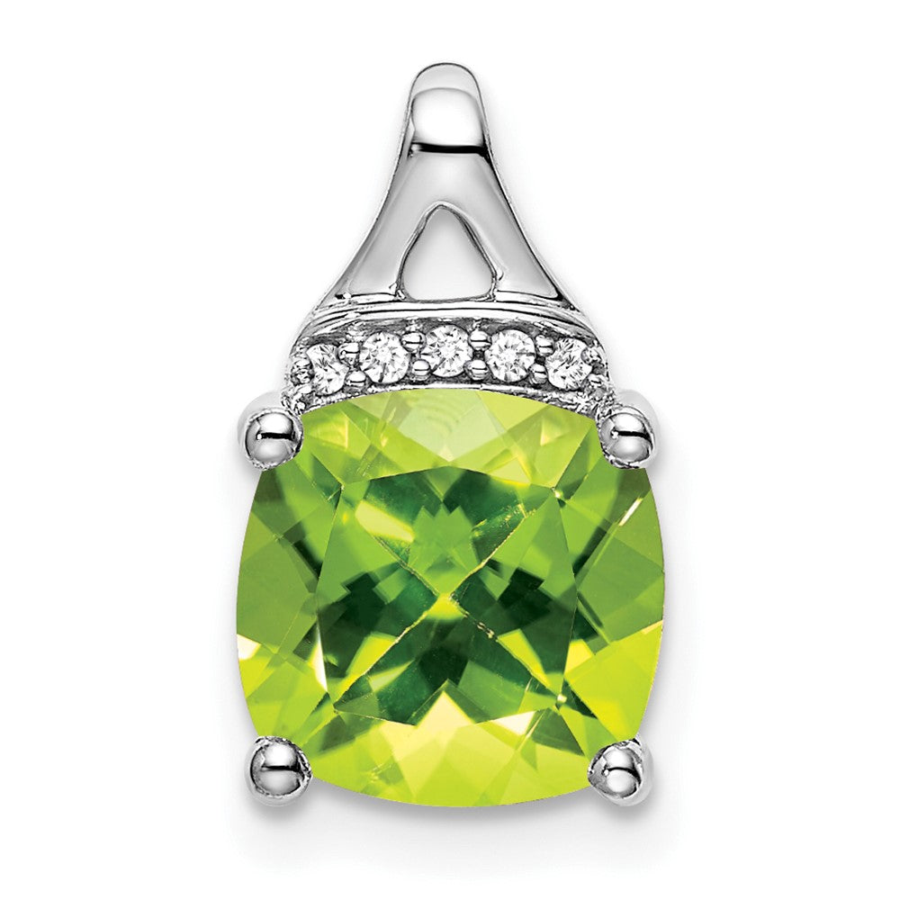 14k White Gold Cushion Peridot and Diamond Pendant