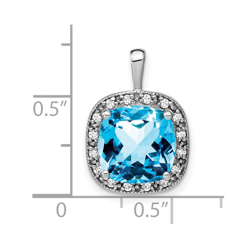 14k White Gold Cushion Blue Topaz and Diamond Pendant