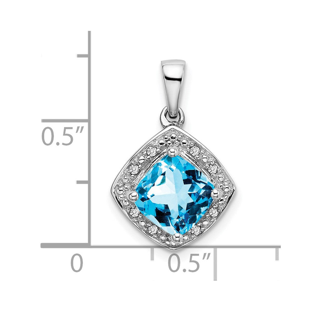 14k White Gold Cushion Blue Topaz and Diamond Pendant
