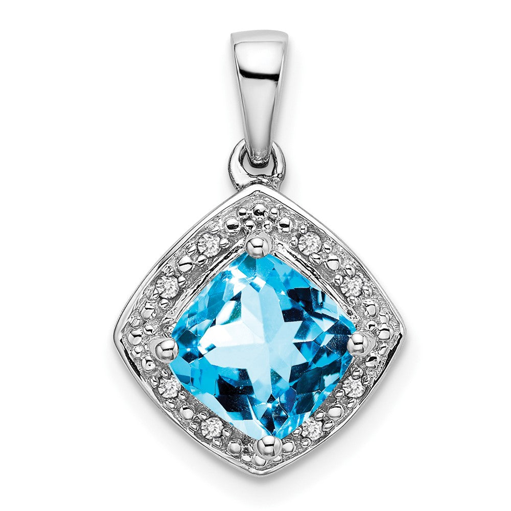 14k White Gold Cushion Blue Topaz and Diamond Pendant