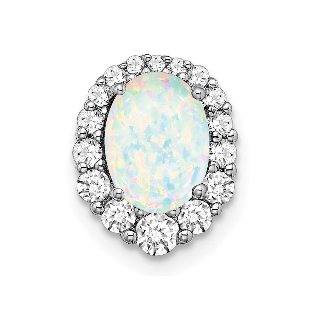 14k White Gold Oval Created Opal and Diamond Halo Chain Slide