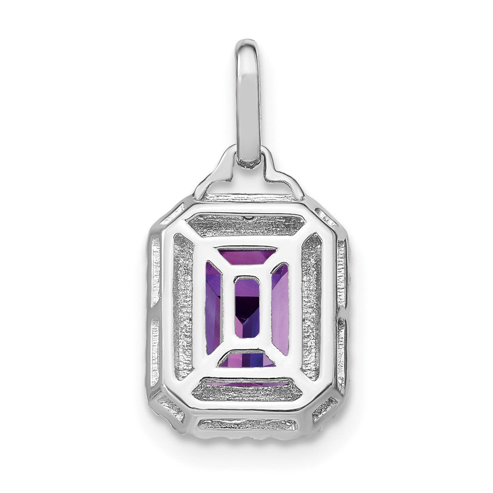 14k White Gold Emerald-cut Amethyst and Diamond Halo Pendant
