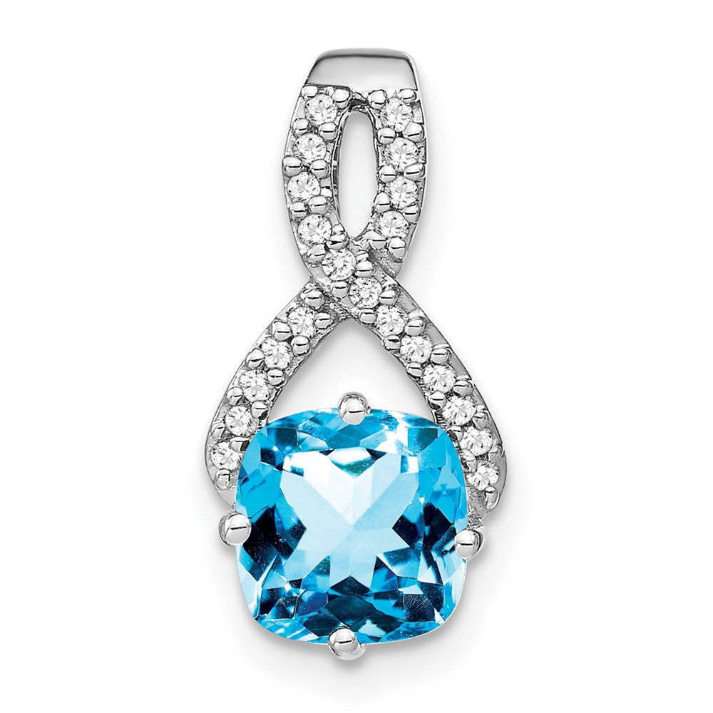 14k White Gold Cushion Blue Topaz and Diamond Pendant