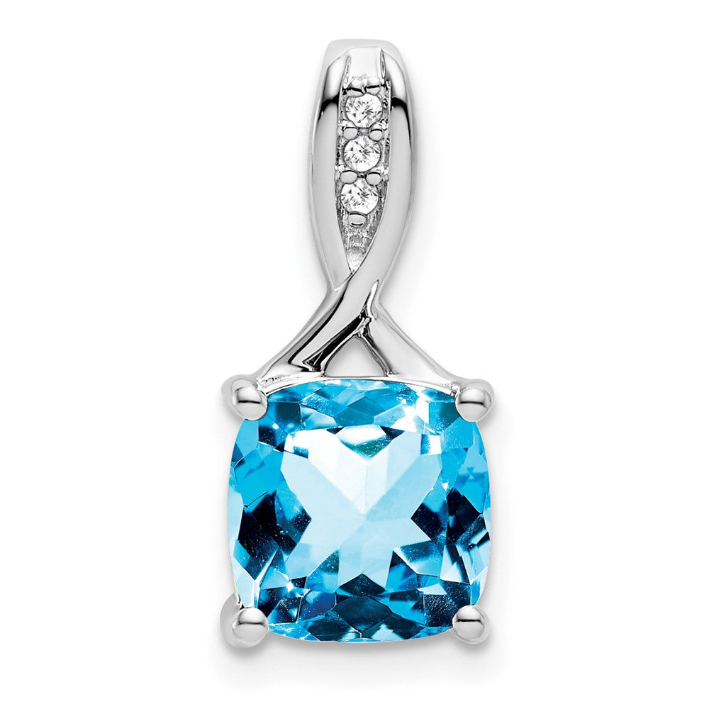 14k White Gold Cushion Blue Topaz and Diamond Pendant