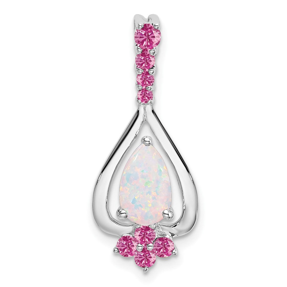 14k White Gold Pear Created Opal/Created Pink Sapphire Pendant