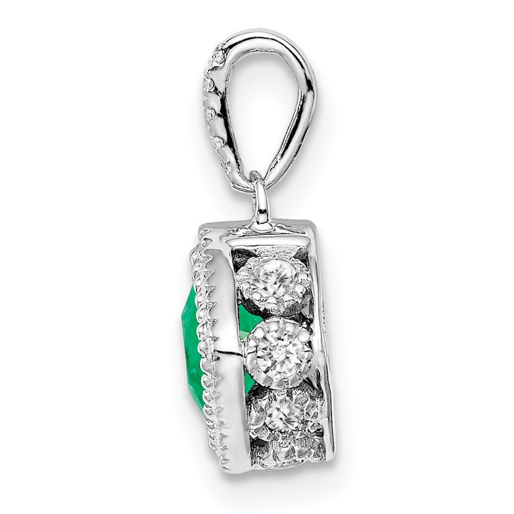 14k White Gold Cushion Emerald and Diamond Pendant