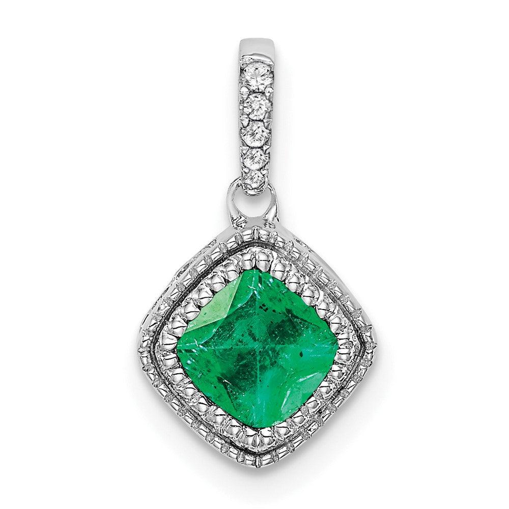 14k White Gold Cushion Emerald and Diamond Pendant