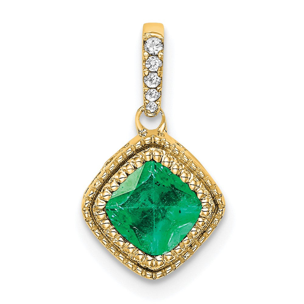 14k Cushion Emerald and Diamond Pendant