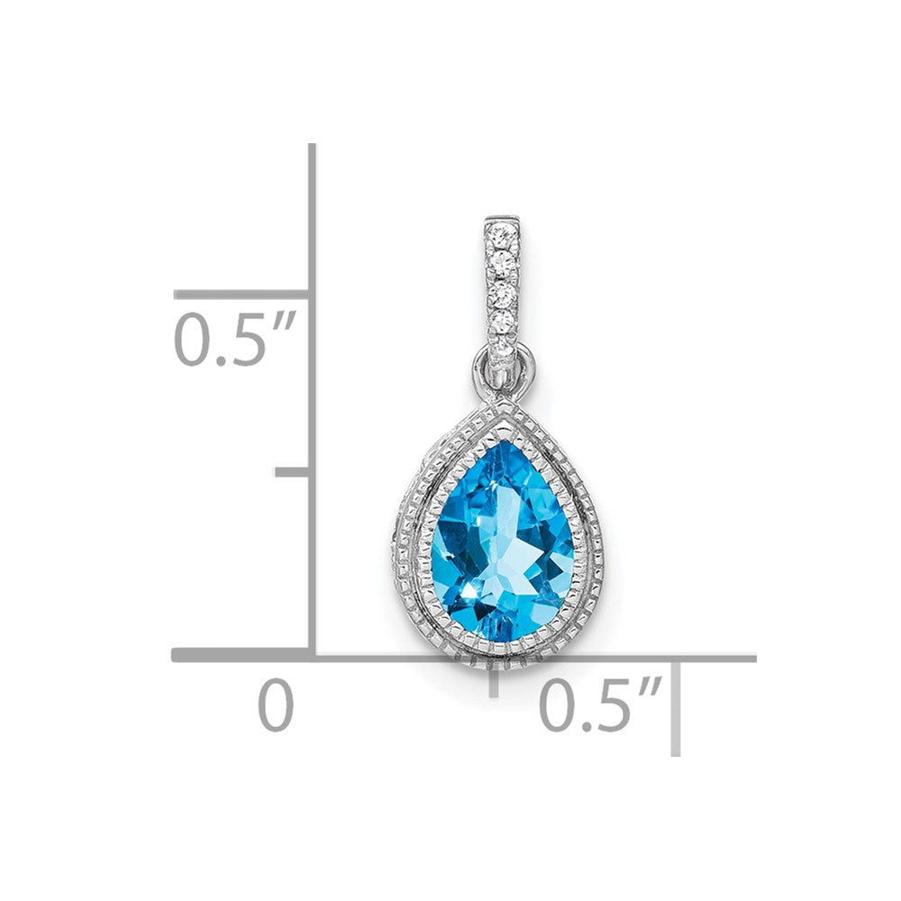 14k White Gold Pear Blue Topaz and Diamond Pendant