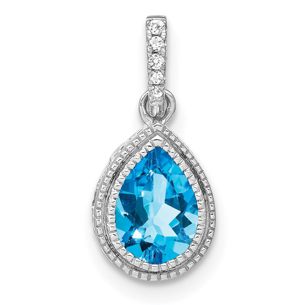 14k White Gold Pear Blue Topaz and Diamond Pendant