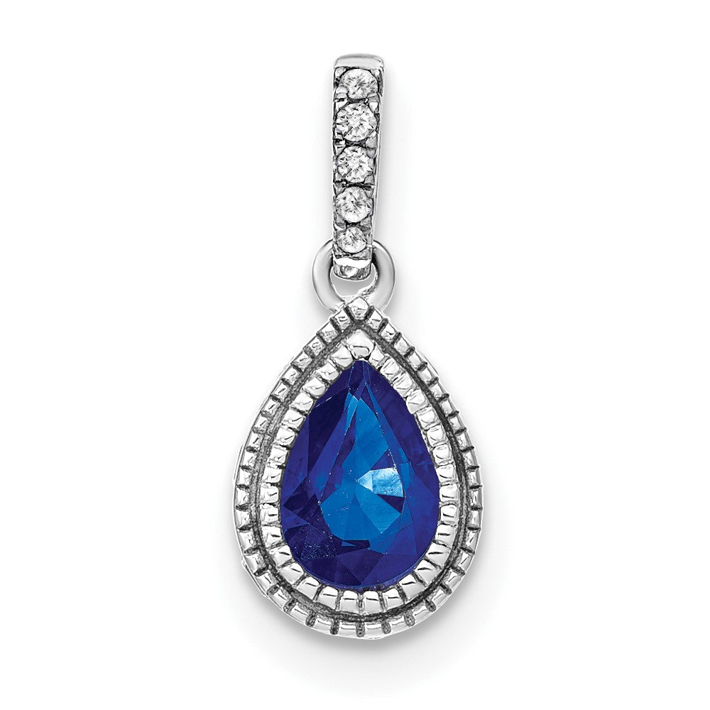 14k White Gold Pear Sapphire and Diamond Pendant
