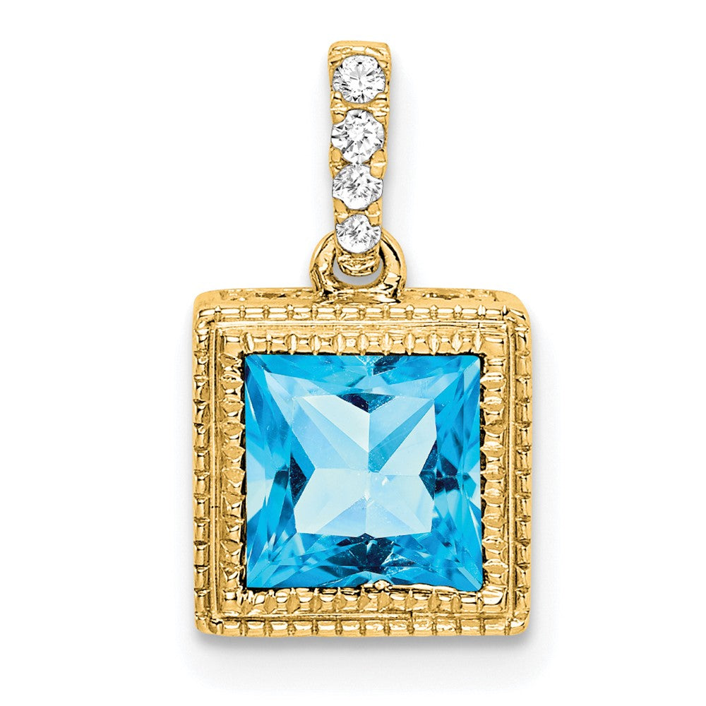 14k Square Blue Topaz and Diamond Pendant