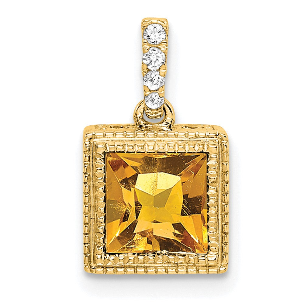 14k Square Citrine and Diamond Pendant